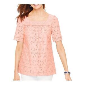 Talbots Floral Eyelet Square Neck Feminine Cottagecore Caspian Pink Top Large